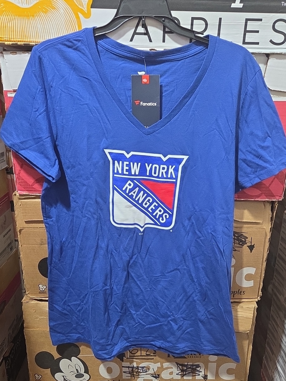 Fanatics Blue New York Rangers V-Neck Tee with Team Crest